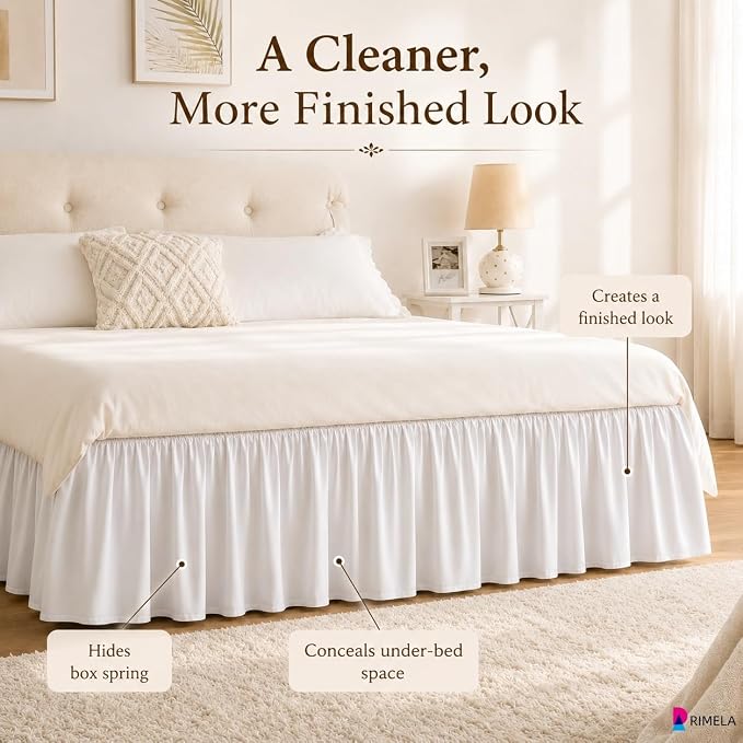 Warm White Bed Skirt Queen Size 15" Drop, Elastic Wrap Around Bedskirt | Solid Ruffled, Easy to Use, No Mattress Lifting, Wrinkle & Fade Resistant, with Adhesive Strips, Machine Wash/Dry/Iron