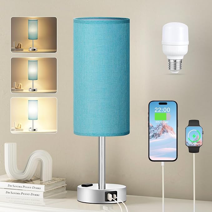 Fenmzee Light Beige Bedside Table Lamp, Dimmable Touch, USB A+C, AC Outlet