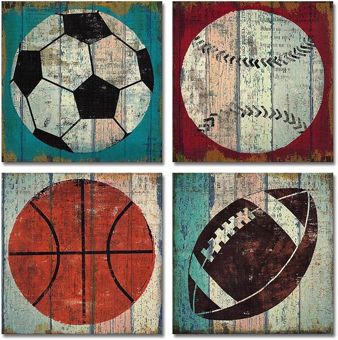 Rustic Soccer Football Baseball Basketball on Vintage Wood Grain Floor Fine Art Canvas Prints Sports Decor Soccer Nursery for Kids Boy Room Decoration Wooden Framed Modern Artwork Poster 24x24 4pcs