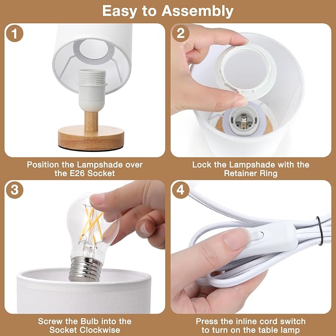 Fenmzee Small Table Lamps (White Shade - Wood Base, 9" Inline Control)