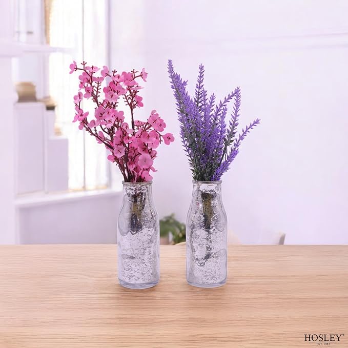 Hosley Set of 6 Silver Glass Bottle, 5.5" High. Ideal Gift for Floral Arrangements Wedding, Floral Vase, Party, Home Decor, Office, Spa