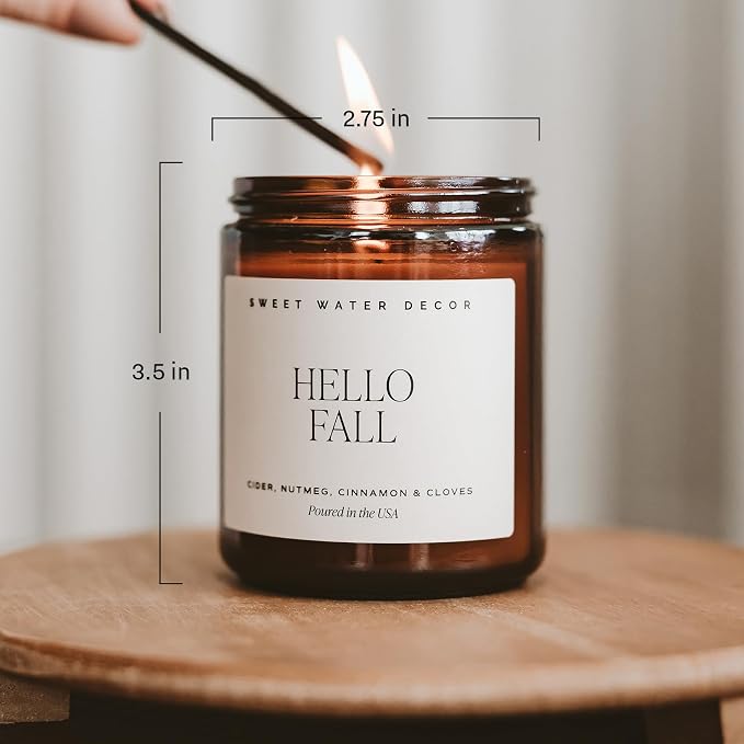 Sweet Water Decor Hello Fall Candle, 9oz Amber Jar, Autumn Scents for Home