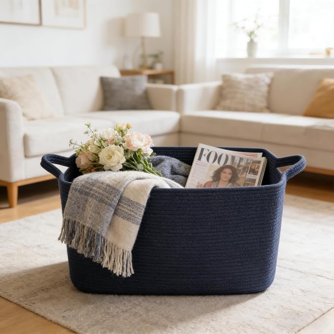 96L Woven Laundry Basket with Handles, Extra Blanket Basket,Navy | 24"×16"×15" Collapsible Cotton Rope Storage Basket for Toys Clothes & Pillows, Nursery, Bathroom, Bedroom, Living Room