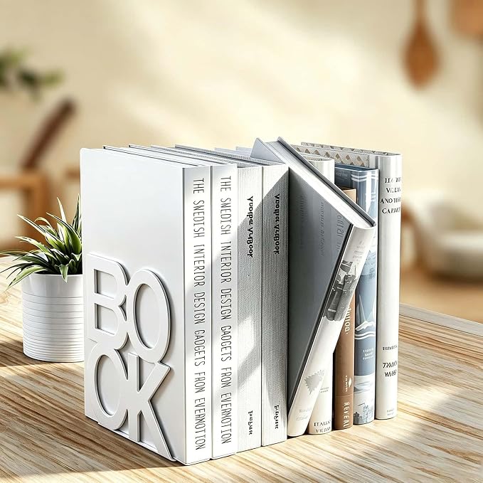Book Ends - Decorative Metal Book Ends Supports for Bookrack Desk,Books, Unique Appearance Design,Heavy Duty (White, 4 Pair)