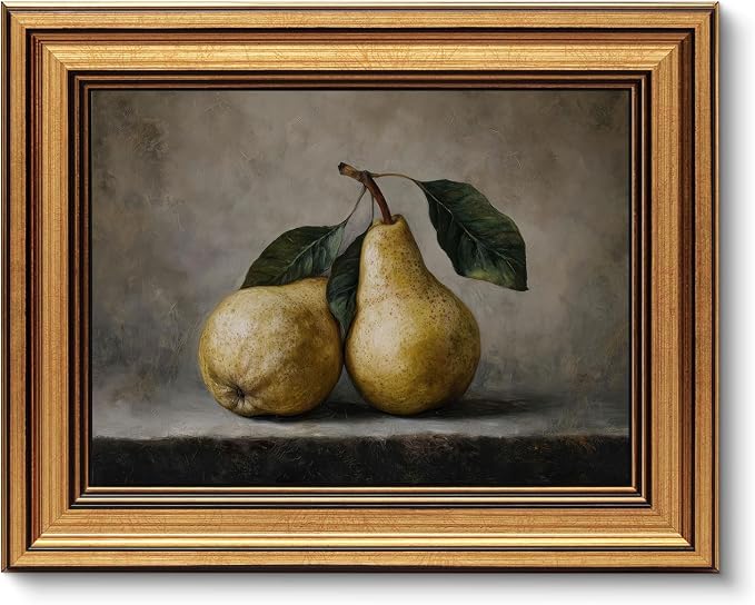 Vintage Gold Framed 3D Textured Wall Art Rustic Pear Still Life Wall Decor Picture Country Farmhouse Kitchen Antique Fruit Poster Cottagecore Aesthetic Print for Gallery Home Decoration 12x16in