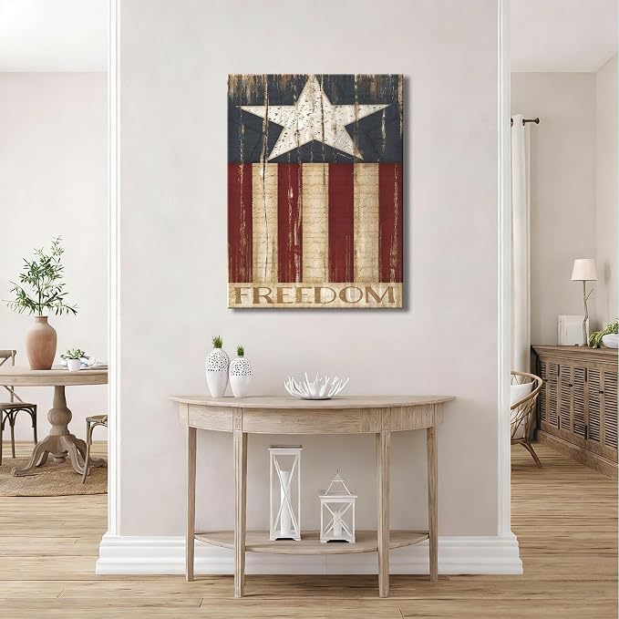 Rustic Patriotic Freedom Flag Canvas Art 24x36in, Vintage American Flag Wall Decor, 4th of July Independence Day Framed Prints, Artwork for Home, Kitchen & Office, Made in USA