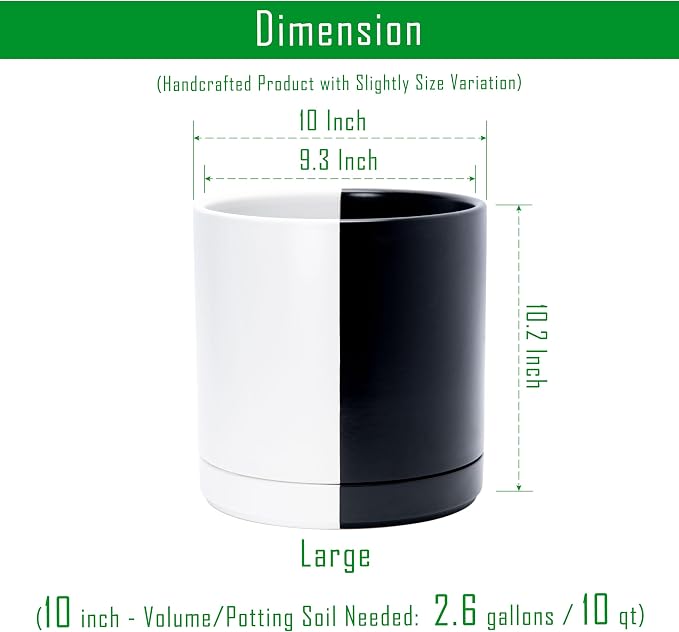 D'vine Dev 10 Inch Ceramic Planter Pot, Black White Split, 94-O-E-0 | Modern Cylinder Design, Drainage Hole & Saucer Included, Stable Structure, Elegant Home Accent