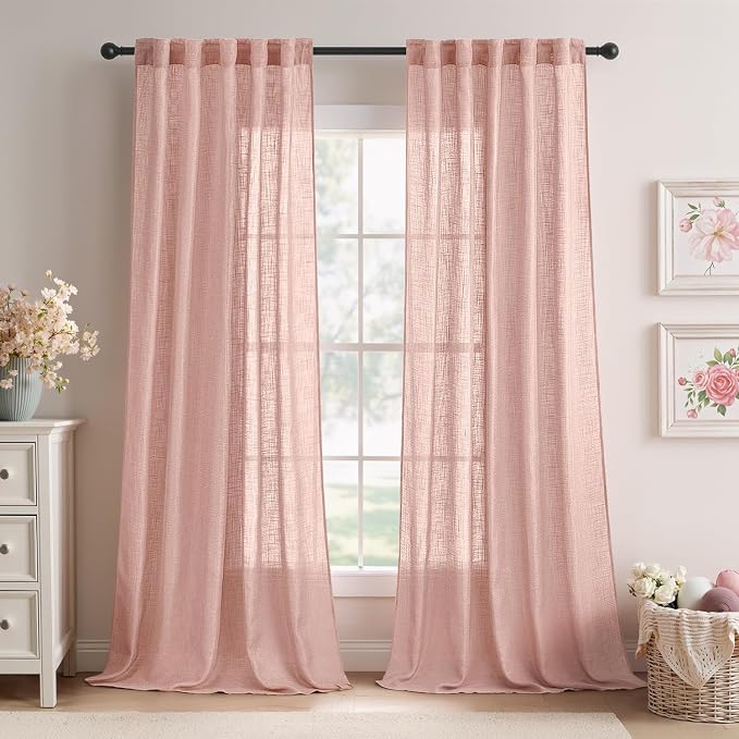 MIULEE Blush Pink Linen Curtains 52x84 Inch Length 2 Panels for Bedroom | Soft Thick Linen Textured Window Drapes, Semi Sheer Light Filtering, Back Tab, Living Room, Light Pink Decor