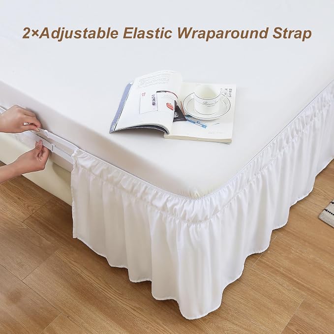 MEILA Wrap Around Bed Skirt for Twin & Full Beds 16" Drop, Natural White | Three-Side Adjustable Elastic Dust Ruffle, Ruffled Polyester Fabric, Easy to Install, Fade Resistant & Machine Washable