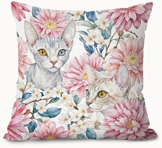 Vintage Pink Floral Cat Pillow Covers 18x18, Cottagecore Room Decor, Retro Chrysanthemum Flower White Cat Decorative Throw Pillow Covers Pillowcases for Bedroom Living Room Home Decor