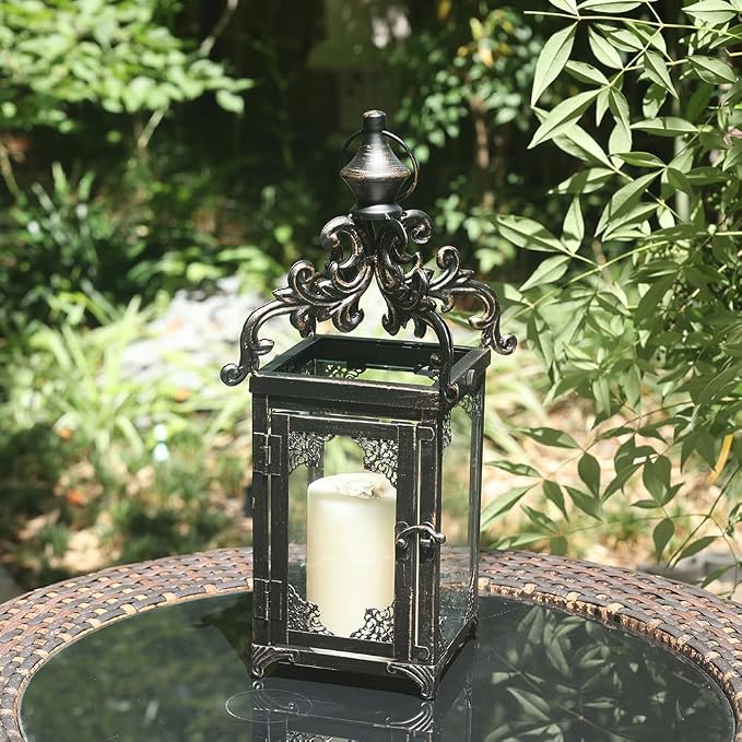 NEEDOMO Set of 2 Lanterns Decorative Indoor Hanging Lantern Outdoor,Vintage Metal Tabletop Decor Lantern for Patio Rustic Home, Candle Holders with Clear Glass, Home Kitchen Coffee Table Livinig Room