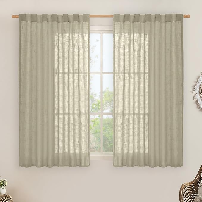 Semi Sheer Linen Curtains 45 Inches Long for Windows, 52 x 45 Inch | Light Filtering Panels, Country Decor Drapes for Farmhouse, Kitchen, Bedroom, Rod Pocket Back Tab, Oatmeal, 2 Panels