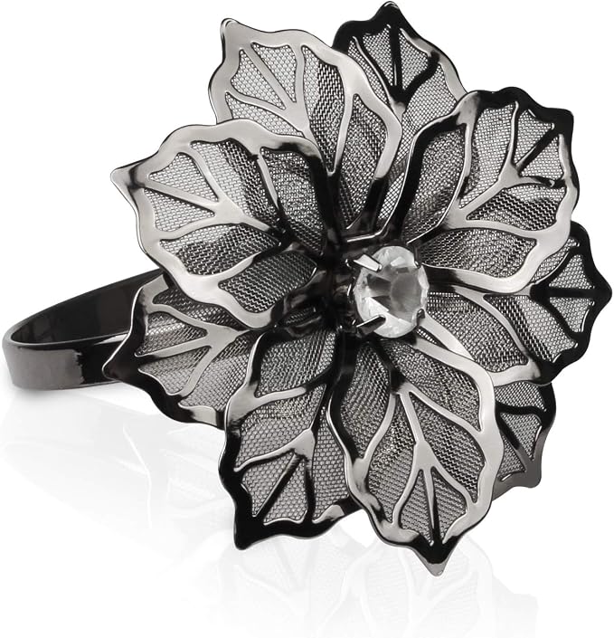 Picowe Set of 12 Alloy Napkin Rings with Hollow Out Flower Napkin Ring Holders for Wedding Party Holiday Banquet Christmas Dinner Delicate Serviette Buckles Decor Favor (Gun Metal)