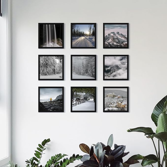 YESKAY 12x12 Picture Frame Set of 9, Photo Gallery Wall Frame Set, Display Pictures 8x8 with Mat or 12 x 12 Without Mat, Square Frame Picture Frames Collage Wall Decor, Black