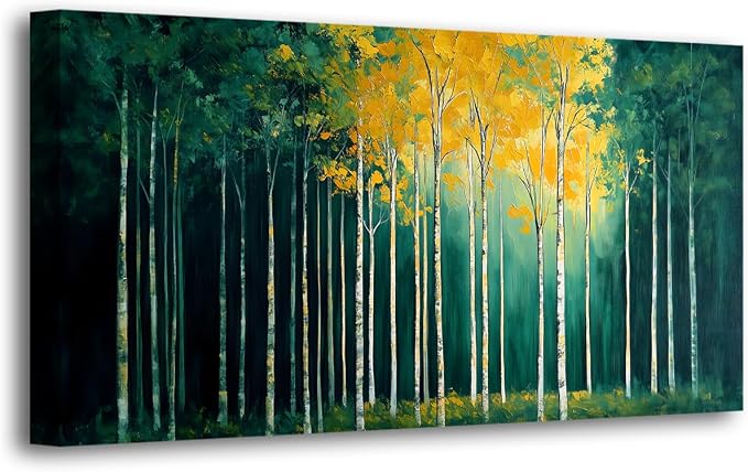 40x20 Inch Birch Tree Canvas Wall Art, Large Panoramic Autumn Forest Painting, Textured Green & Yellow Landscape Wall Decor, Framed Modern Nature Artwork for Living Room Bedroom Office Home Decoration