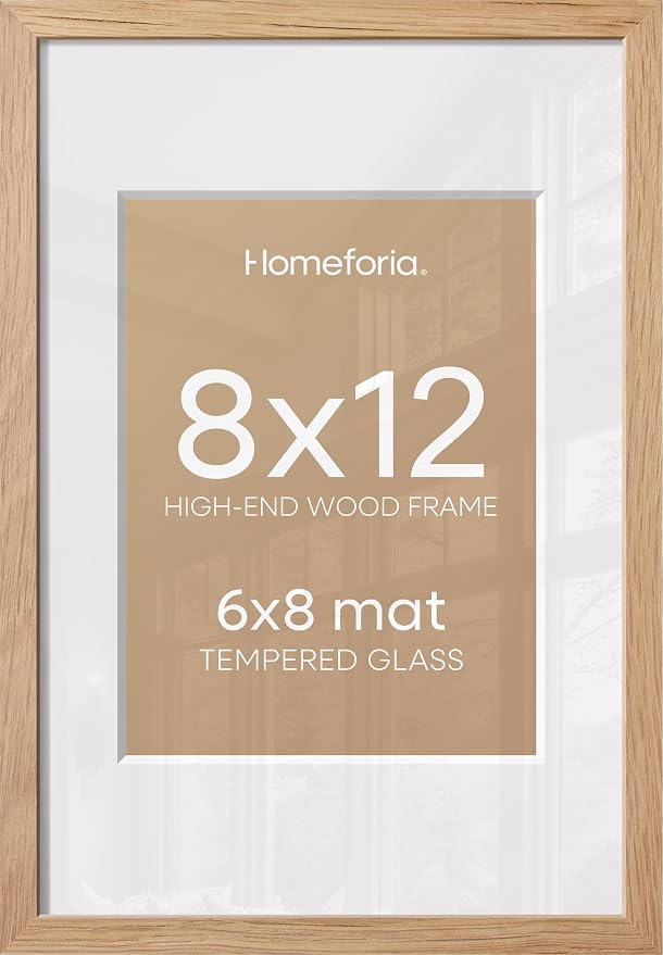 Homeforia 8x12 Natural Oak Picture Frame, High-End Wood, 6x8 Mat, Glass