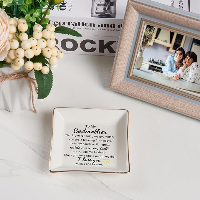 Piudee Godmother Gift - Thank You for Being My Godmother Jewelry Dish Trinket Tray, Godmom Birthday Mother's Day Christmas Gifts for Godmother, Godmother Gifts from Godchild