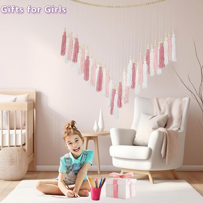 Pink&White Large Macrame Wall Haning Boho Decor,Blush Pink Tassel Wall Decor Bohemian, Pink Bedroom Living Room Girls Room Décor Nursery Dorm Decoration Boho Gift for Girls Woman Gifts