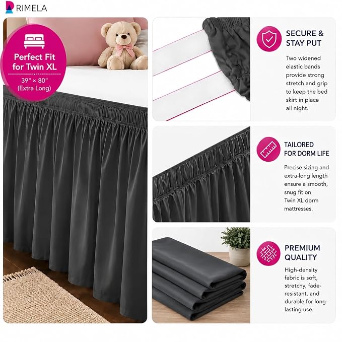 Dorm Room Bed Skirt Twin XL 42" Drop, College Split Corner Bedskirt, Grey | Solid ruffled, Wrap-around/elastic, Wrinkle & Fade resistant, with Adhesive Strips, Gift Packed, Machine Wash/Tumble Dry/Iron