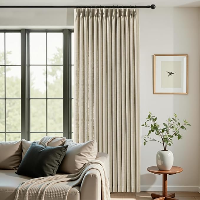 Birch Pinch Pleated Sheer Linen Blend Curtains 102 Inch for Living Room | Light Filtering Semi Sheer, Pinch Pleat, Hook Rings, Non See Through, Memory Shape, W40xL102, 2 Panels, Burlywood Birch