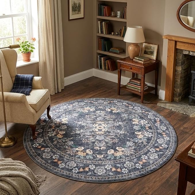 GarveeHome 5ft Washable Round Rug for Dining Vintage Throw Rug | Distressed Bordered Leaf and Flower Floral Bedroom Carpet Low Pile Non-Slip Blue Area Rug for Living Room Office Nursery