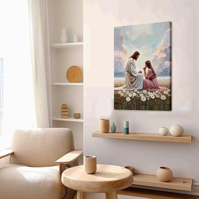 AUUAUU Jesus and Girl Prayer Wall Art Christian Canvas Prints 16x24 Inches | Religious Oil Painting Inspirational Artwork Picture Prints Christmas Wall Decor for Living Room Girl's Bedroom Ready to Hang
