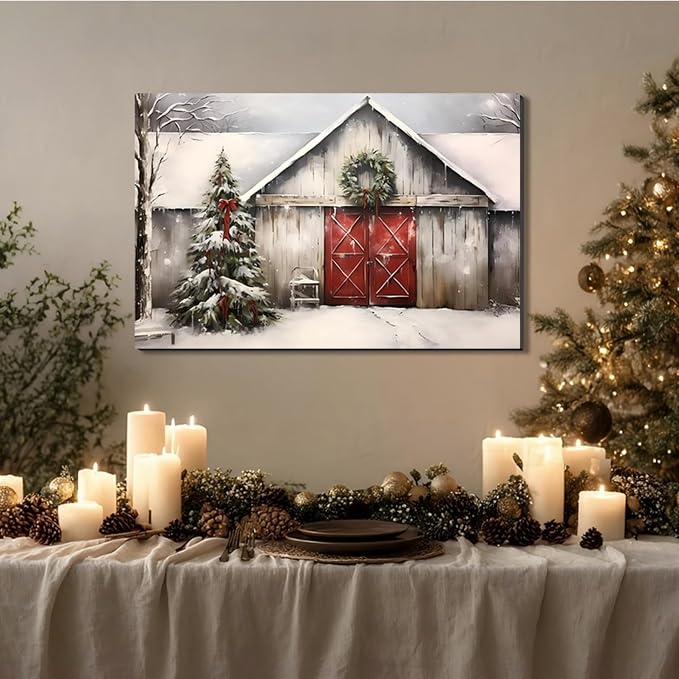 Vintage Christmas Barn Wall Art 8x12inch, Retro Winter Snow Landscape Holiday Xmas Artwork Poster Framed Christmas Tree Wall Decor for Home Farmhouse Bedroom Gallery Decorations