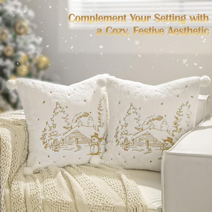 Lewondr Christmas Throw Pillow Cover, 18x18 Inch, Set of 2, White | Soft Faux Fur, Plush Ball, Embroidered Tree House Snowman, For Bed Home Decor Living Room