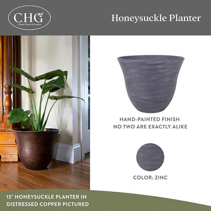 15" Honeysuckle Planter in Zinc | Hand-Painted Finish Plant Pots, Lightweight Indoor Outdoor Planter, UV-Resistant, Great for Patio, Home & Garden Decor Accent