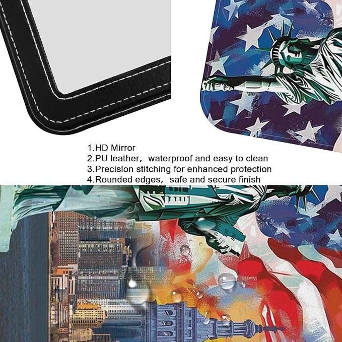 Portable Folding Makeup Mirror with Stand, 8.9"x6.5" PU Leather Compact Desk Mirror, Adjustable 90°-180° Angle, Ultrathin Travel Vanity Mirror for Office, Home, Camping, Statue of Liberty Design