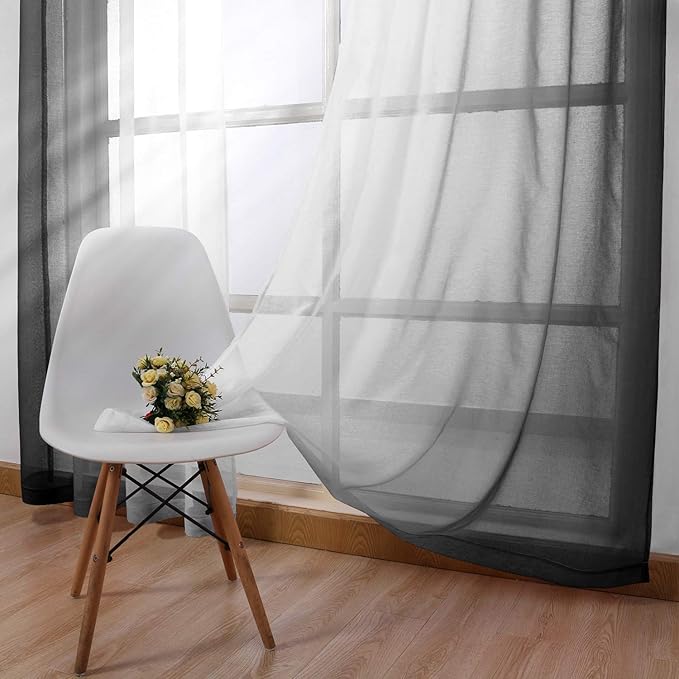 DWCN Black Ombre Sheer Curtains - Faux Linen Gradient Semi Voile Bedroom and Living Room Curtains, Set of 2 Grommet Top Window Curtain Panels, 42 x 84 Inches Long