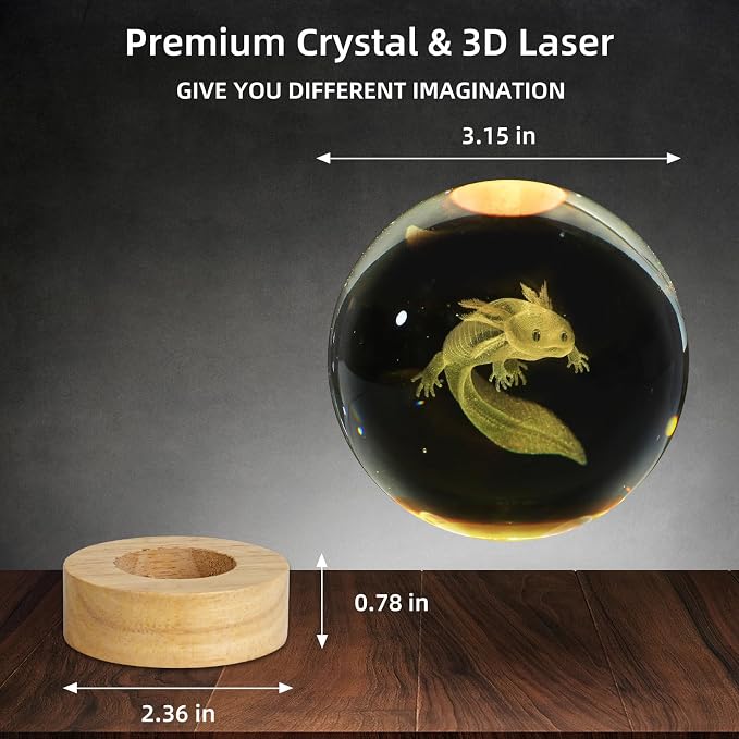 3D Axolotl Crystal Ball Night Light, Upgraded 3.15 Inch Glass Ball Lamp with 16 Color LED Wooden Base, Axolotl Decor Birthday Holiday Christmas Axolotl Gifts for Boys Girls Friends