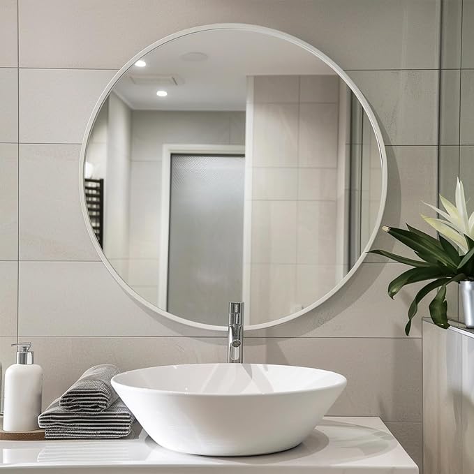 Round Mirror 28 inch, Round White Mirror, Matte White Metal Frame | High Definition Mirror, Rust-resistant, Easy Installation, Circular Mirrors for Living room Bedroom, Entrance, Restroom