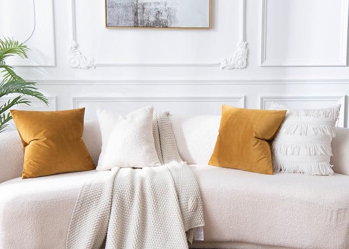 Velvet Throw Pillow Covers 20x20 set of 2 for Couch Bed Sofa,Mustard Yellow