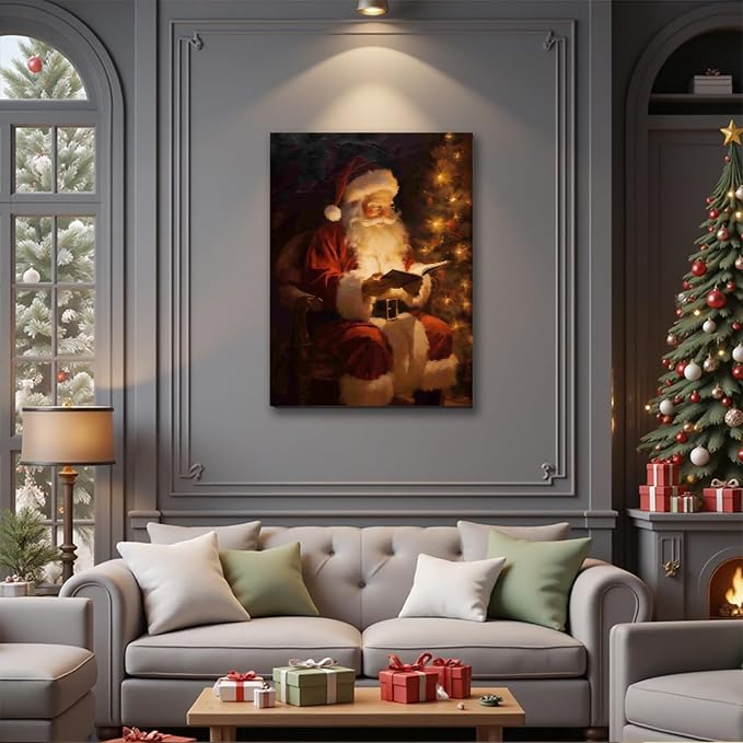 Santa Reading Book Christmas Wall Art 16x24in, Vintage Framed Canvas Prints Posters for Home Decor, Rustic Winter Painting for Christmas Wall Decor, Holiday Decoration Gifts for Bedroom