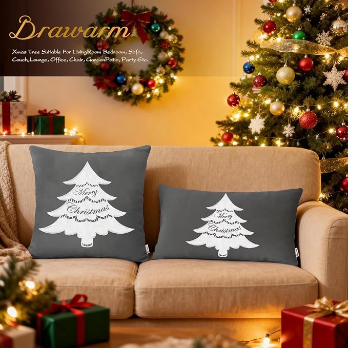 BRAWARM Christmas Pillow Cover 18 X 18 Inches, Gray Christmas Tree Embroidered Pillow Cover, Soft Velvet Decorative Throw Pillow for Couch Bed Sofa Living Room Home
