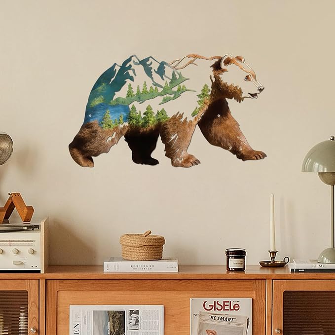 Metal Bear Forest Pine Tree Wall Art Bear Peak Natural Scenery Wall Sign | Wildlife Hunting Home Hanging Decorations for Living Room, Bedroom Kitchen Bathroom (Light Brown)