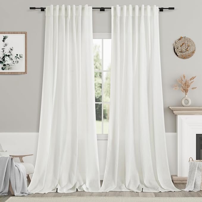 Extra Long Ivory Curtains 132 Inch Length 2 Panels Set Back Tab Neutral Farmhouse Drapes Light Filtering Semi Sheer Linen Curtain 132 Inches Long for Floor to Ceiling Window Patio Sliding Door