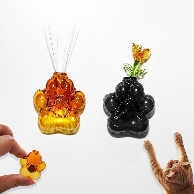 Nuvretk 2PCS Cat Whisker Holder, Cat Paw Glass Fridge Magnet Vase | Cat Paw Glass Design; Cat Whisker Keepsake Holder; Mini Magnetic Fridge Vase; Flower Display & Pet Memory Décor
