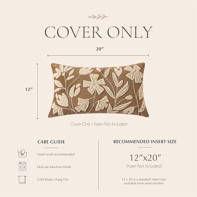 BlissBlush 12x20 Lumbar Pillow Cover, Rectangular Brown Decorative Throw Pillowcase for Couch Sofa, Embroidered Velvet Farmhouse Accent Cushion (Cover Only)