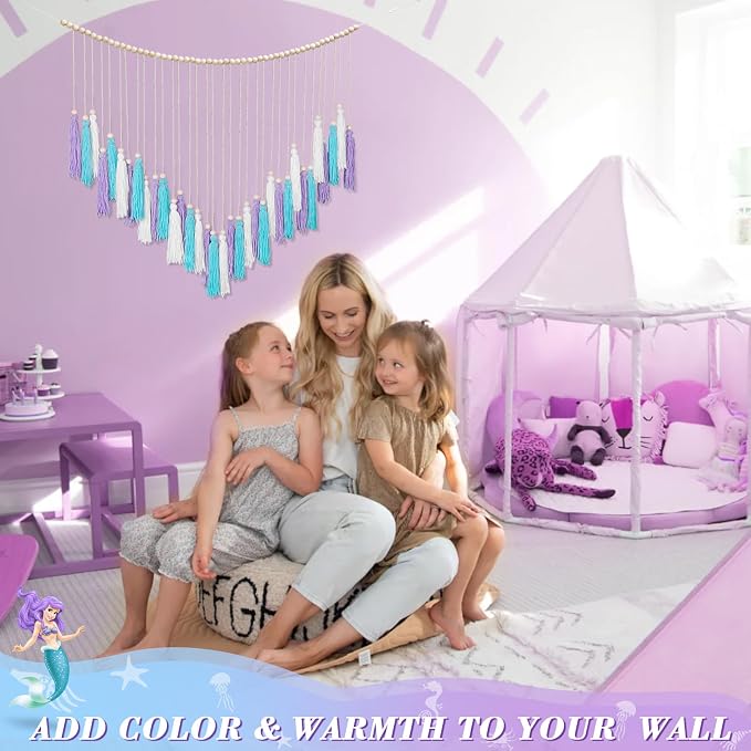 Purple & Blue Macrame Wall Hanging Boho Home Decor, Mermaid Theme Under the Sea Ocean Bedroom Décor Living Room Bohemian Dorm Wall Décor Purple Tassel Pink Wall Décor