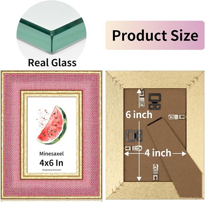 4x6 Picture Frame - Soft Pink Fabric & Vintage Gold Border HD Real Glass with Easel for Tabletop/Wall (Family Photos, Nursery Decor 1 Pack)