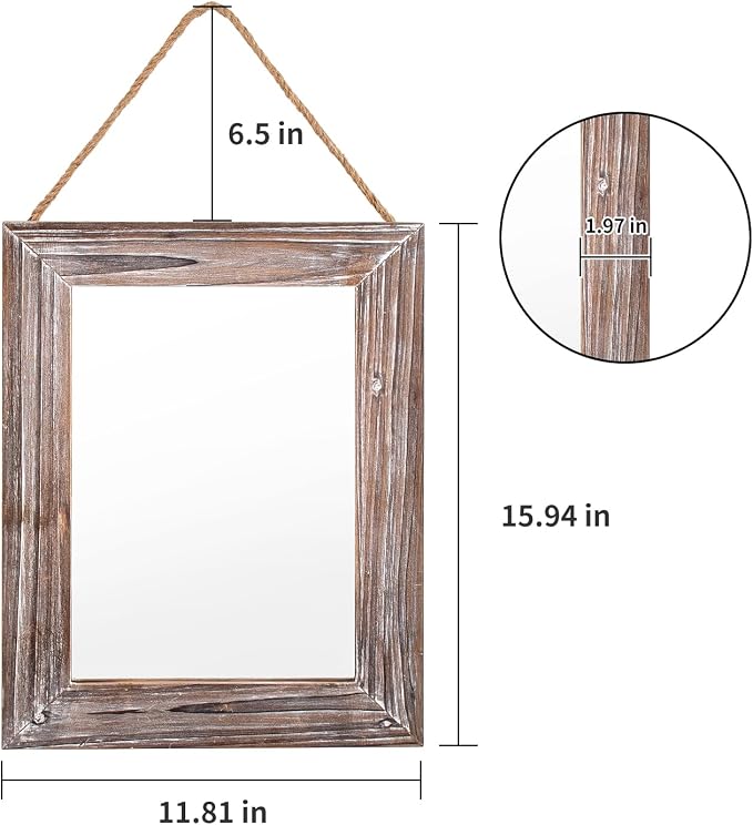 Farmhouse Wall Mirror Washed Brown Rectangle Rustic Wood Mirror 16 X 12 Inch Decorative Wood Frame with Mirror and Hanging Hemp Rope, Hanging Mirror for Bathroom Bedroom, Entryway, Dresser Wall Mirror
