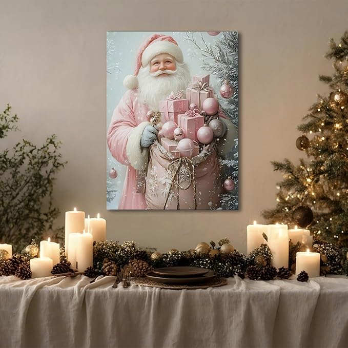 Pink Christmas Canvas Wall Art 16x24, Santa Elegant Pictures for Girls Bedroom And Festive Party Wall Decorations, Christmas Gift for Womens, Framed Painting Ready to Hang