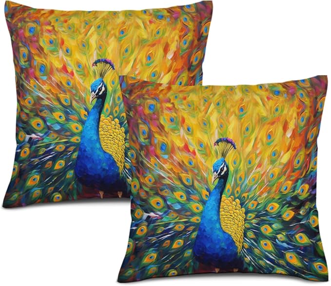 Beautiful Peacock Throw Pillow Cover 18"x18" Outdoor Pillow Cases Set of 2 Decorative Cushion Covers for Sofa Bed Chair Living Room Decor