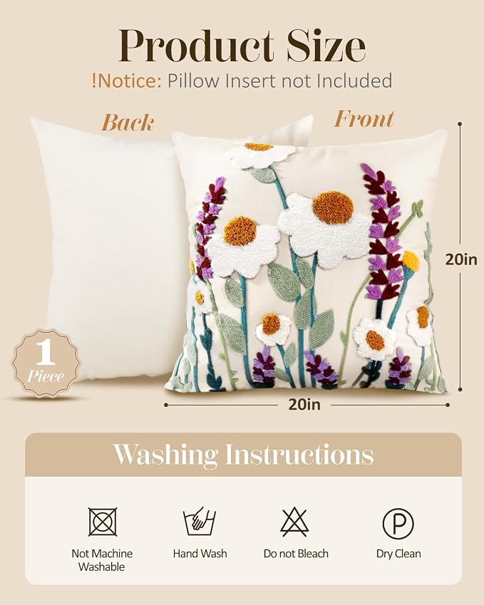 Embroidered Throw Pillow Cover - 20x20 Decorative Pillow Cover with Zipper Aesthetic Cute Design Boho Spring Summer Throw Pillowcase for Living Room Couch Sofa Bed, Wild Floral