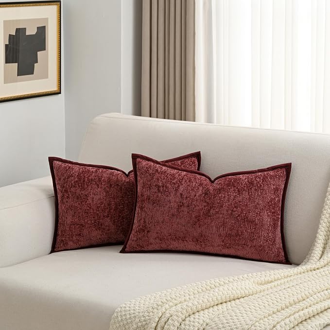 FUTEI Pack of 2 Chenille Soft Throw Pillow Covers 12x20 Inch, Burgundy