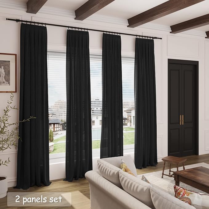 Black Linen Blend Drapes 84 Inch Length 2 Panels Set Back Tab Rod Pocket Light Filtering Privacy Semi Sheer Textured Vertical Curtains Boho Farmhouse Decor Curtains for Living Room Bedroom 40x84