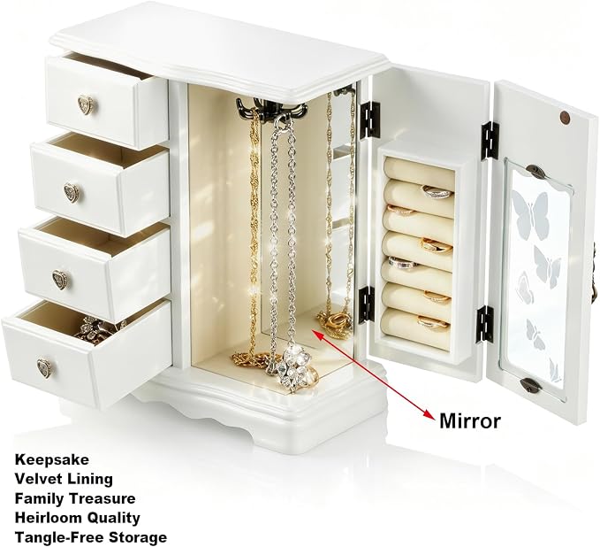 RR ROUND RICH DESIGN Solid Wood Jewelry Box for Women White | Vintage Butterfly Glass Door Jewelry Armoire with Mirror, 4 Drawers & Rotating Necklace Carousel