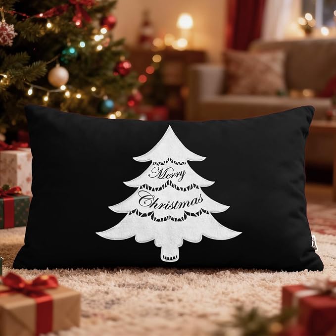 BRAWARM Christmas Pillow Cover 12 X 20 Inches, Black Christmas Tree Embroidered Lumbar Pillow Cover, Soft Velvet Decorative Throw Pillow for Couch Bed Sofa Living Room Home